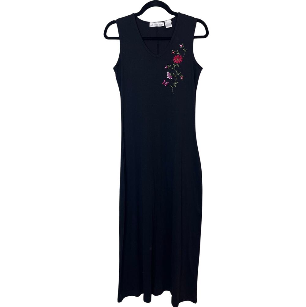 Arendine Black Rib Stretch V Neck Embroidered Maxi Dress Women’s Medium